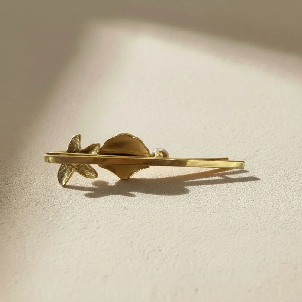 18K Gold Plated Stainless Steel Starfish Shell Pearl Coastal Hair Bobby Pin